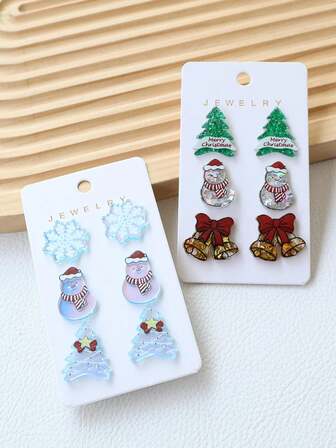 Set de 3 pares de aretes navideños con diseños de árbol de Navidad, muñeco de nieve, sombrero, copo de nieve y campana, con detalles brillantes, como regalo festivo y para fiestas