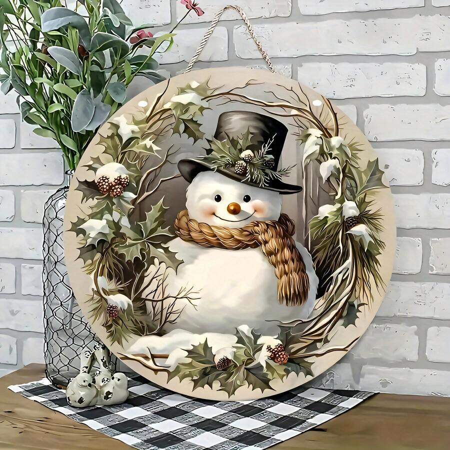 1pc Charming Snowman Wreath Wooden Sign - Perfect For Christmas & All-Season Home Decor - Ideal Gift For Friends & Colleagues - Multi-Functional For Front Door & Wall