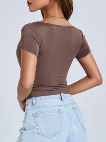 Women T-Shirt, Low-Cut Short Sleeve Pleated Solid Slim Fit Summer Tops For Casual Daily - 棕色 - 查看 8