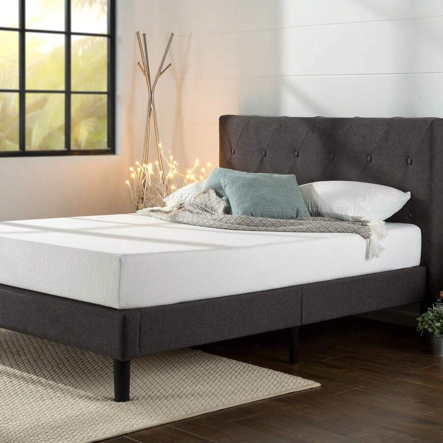 Upholstered Platform Bed Frame, Mattress Foundation, Wood Slat Support