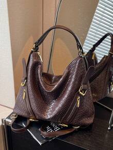 复古时尚单/双肩带大容量斜挎包，2024新款女士秋冬 - 咖啡棕 - 查看 3