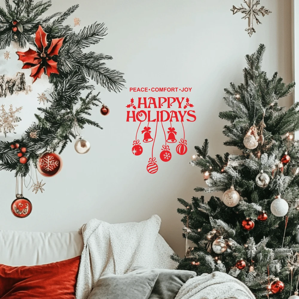 圣诞汽车装饰贴纸 - “和平舒适欢乐，节日快乐” - 节日铃铛、装饰品和雪花 - 9.1x11 英寸乙烯基贴花 - 完美的节日装饰