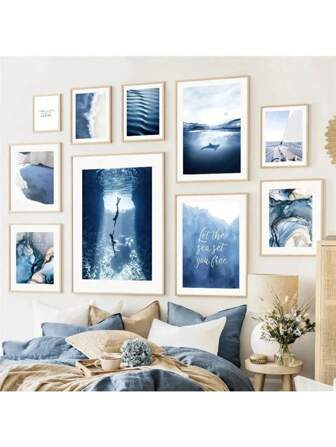 1 件深蓝色风景墙面帆布画海洋海滩海景海报和印刷品北欧墙画房间装饰无框沿海装饰沿海装饰海滩装饰