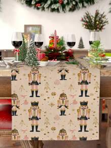 1pc Pink Christmas Nutcracker Pattern Table Runner, Christmas Home Decor Table Runner, Indoor/Outdoor Party Supplies & Room Decoration, Suitable For Christmas Family Kitchen Decoration And Christmas Event Party Decoration