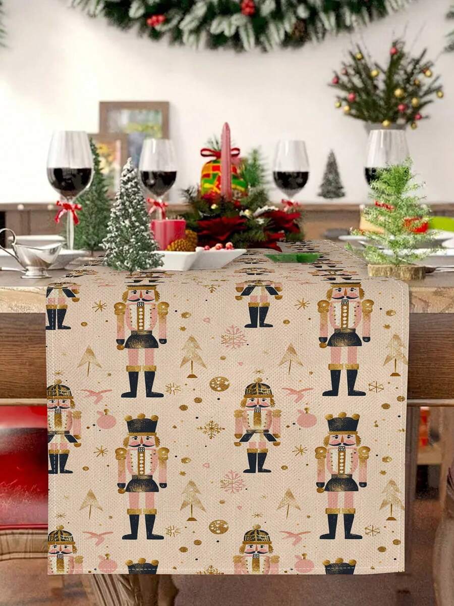 1pc Pink Christmas Nutcracker Pattern Table Runner, Christmas Home Decor Table Runner, Indoor/Outdoor Party Supplies & Room Decoration, Suitable For Christmas Family Kitchen Decoration And Christmas Event Party Decoration