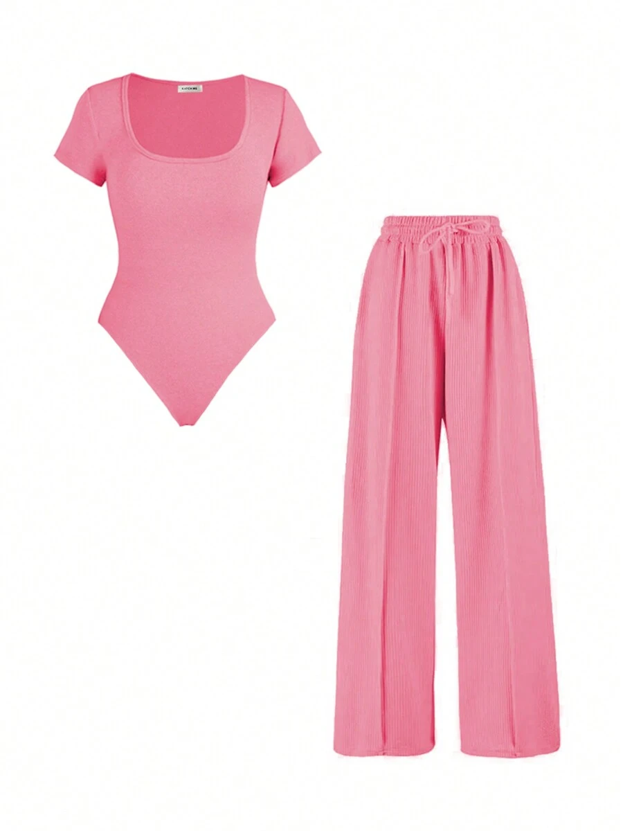 Women's Square Neck Shaping Bodysuit & High Waist Wide Leg Pockets Trousers Co-Ord,Short Sleeve Shapewear,Two-Piece Outfit For Womenswear - 珊瑚粉 - 查看 1