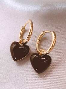 1 对高品质法式复古优雅奢华个性化精致铜质吊式耳环，适合女士，适合日常佩戴 - 愛心 - 查看 3