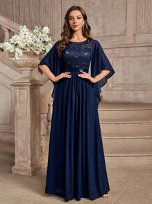 MIUSOL 优雅亮片花卉蕾丝蝴蝶袖雪纺正式派对礼服、舞会晚礼服、婚礼宾客礼服、毕业礼服、晚宴礼服 - 藏蓝色 - 查看 4