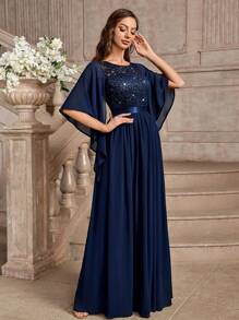 MIUSOL 优雅亮片花卉蕾丝蝴蝶袖雪纺正式派对礼服、舞会晚礼服、婚礼宾客礼服、毕业礼服、晚宴礼服 - 藏蓝色 - 查看 6