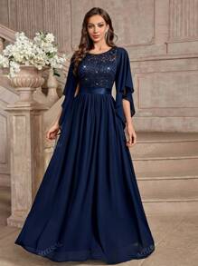 MIUSOL Elegant Sequin Floral Lace Butterfly Sleeve Chiffon Formal Party Dress, Prom Evening Dress, For Wedding Guest, Graduation, Dinner,Gown