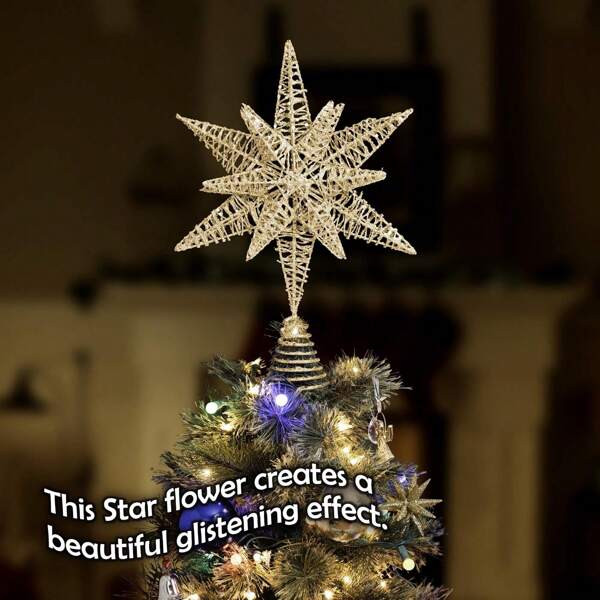 16-Inch Large Golden Glitter 3D Metal Star Tree Topper For Holiday & Party Decorations - Perfect For Big Trees Christmas