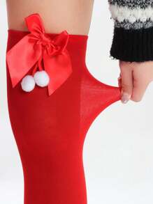 1pc Women Opaque Red Christmas Bow Ornament Over-The-Knee Stockings - Red - View 4