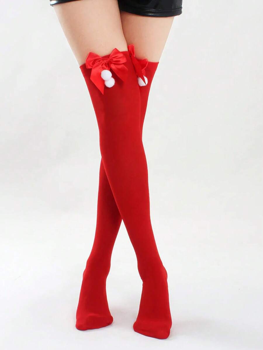 1pc Women Opaque Red Christmas Bow Ornament Over-The-Knee Stockings - Red - View 1