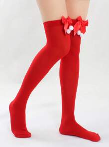 1pc Women Opaque Red Christmas Bow Ornament Over-The-Knee Stockings - Red - View 2
