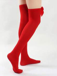 1pc Women Opaque Red Christmas Bow Ornament Over-The-Knee Stockings - Red - View 3