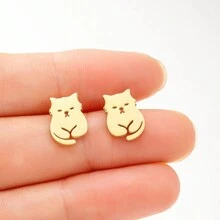 1 对精致猫耳钉不锈钢别致动物宠物猫耳环可爱女士时尚配饰 - 白色 - 查看 7