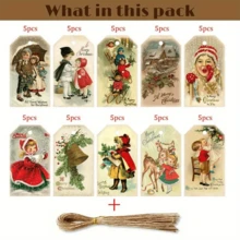 50 张复古圣诞贺卡 - 圣诞老人和驯鹿图案，适合礼品标签和装饰 - 彩色 - 查看 5