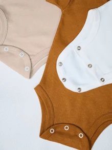 3 Pieces Short Sleeve Knitted Round Neck Baby Bodysuit, Minimalist Design, Comfortable And Adorable 0-12 Months - 彩色 - 查看 5