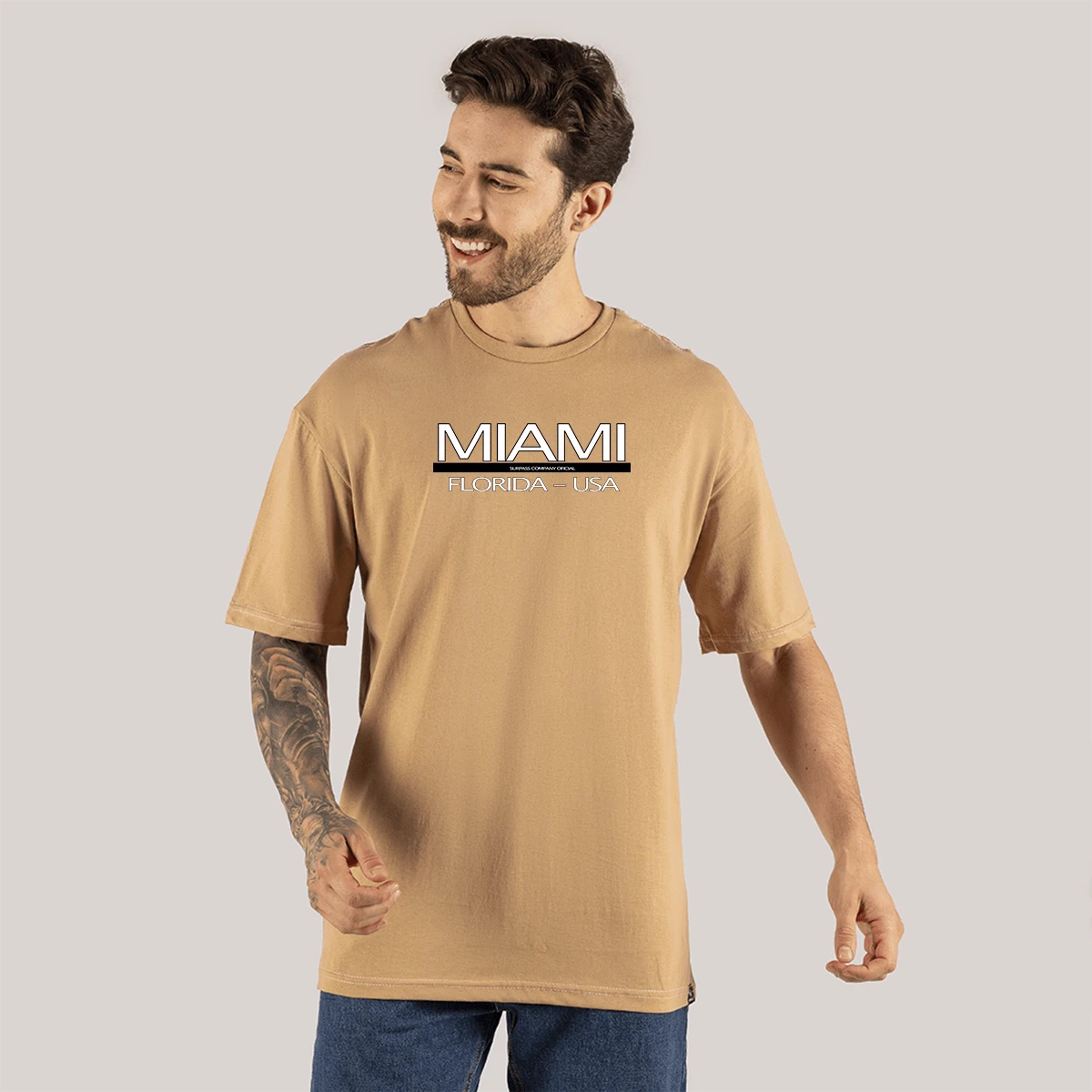 Oversize Long Sleeve T-Shirt Street Fashion Skate Cotton Miami Usa - Màu be - Xem 1