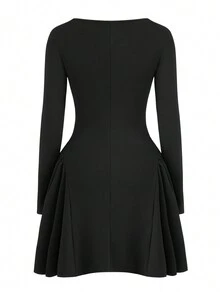 Rochie cu mânecă lungă, ocazională, de culoare uni, cu talie fântânată, toamnă - Negru - Vizualizare 2