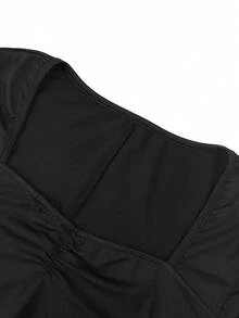 Rochie cu mânecă lungă, ocazională, de culoare uni, cu talie fântânată, toamnă - Negru - Vizualizare 3