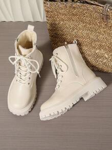 2025 Autumn/Winter New Women's Shoes, Warm Women's Boots, Fashion Versatile Casual Women's Shoes, Leather Ankle Boots, Flat Short Boots, Lace-Up Side Zipper Women's Boots, Classic Boots, Casual Women's Boots