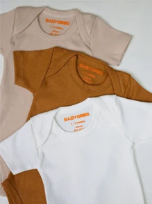 3 Pieces Short Sleeve Knitted Round Neck Baby Bodysuit, Minimalist Design, Comfortable And Adorable 0-12 Months - 彩色 - 查看 4