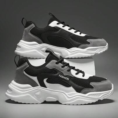 男士黑灰色网眼拼接设计舒适跑步/运动鞋，时尚休闲运动鞋，适合户外日常穿着