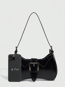 Retro Fashion Baguette Bag, Simple Ladies Shoulder Bag, Black Chic Large Lock Underarm Bag, Niche Design Sexy Shoulder Crossbody Bag - Black - View 2