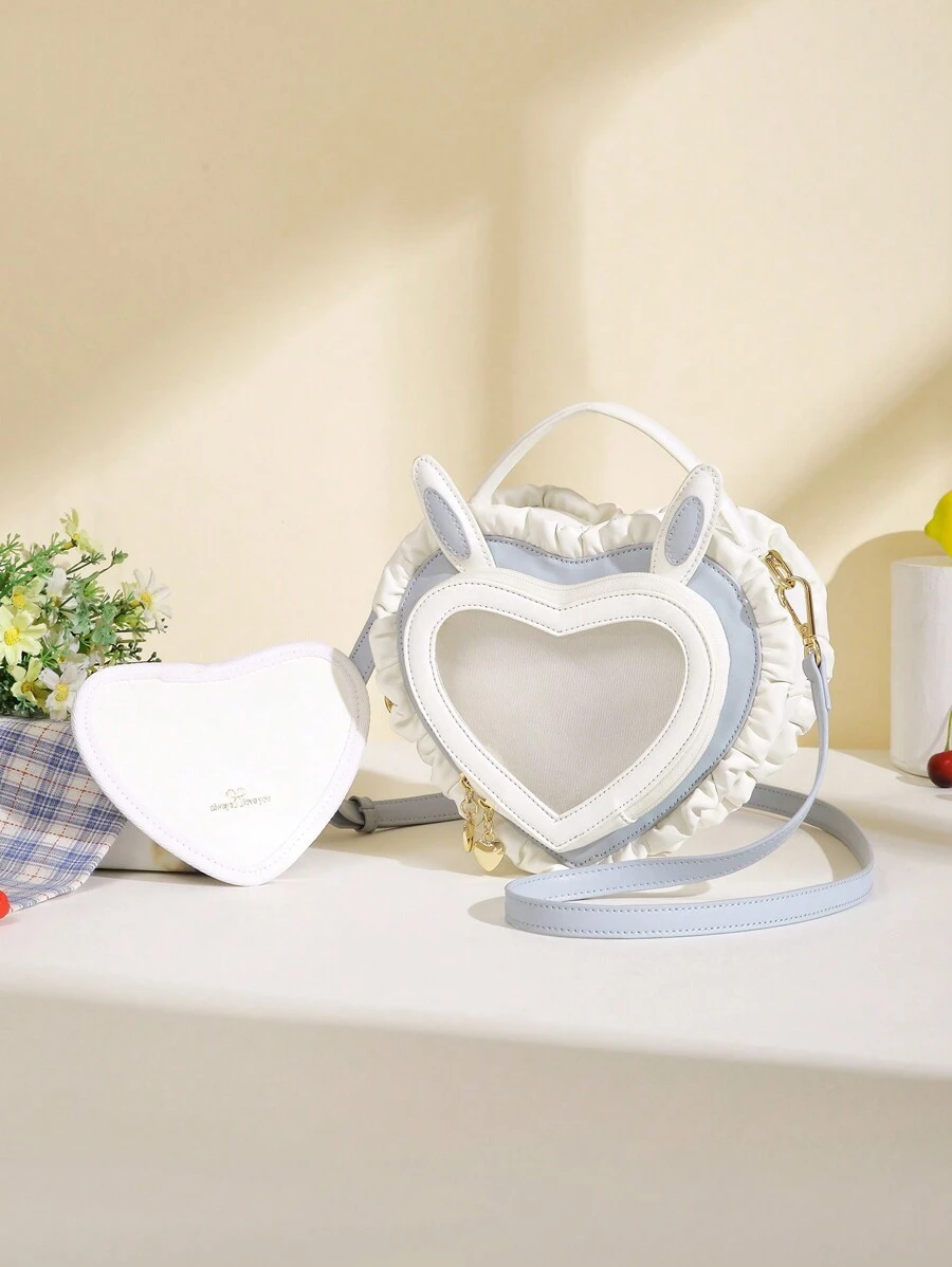 New Rabbit Ears Heart Shaped Transparent Jelly Tote Bag, Shoulder Bag, Sweet & Cute Lace Decor Heart Shaped Handbag For Women