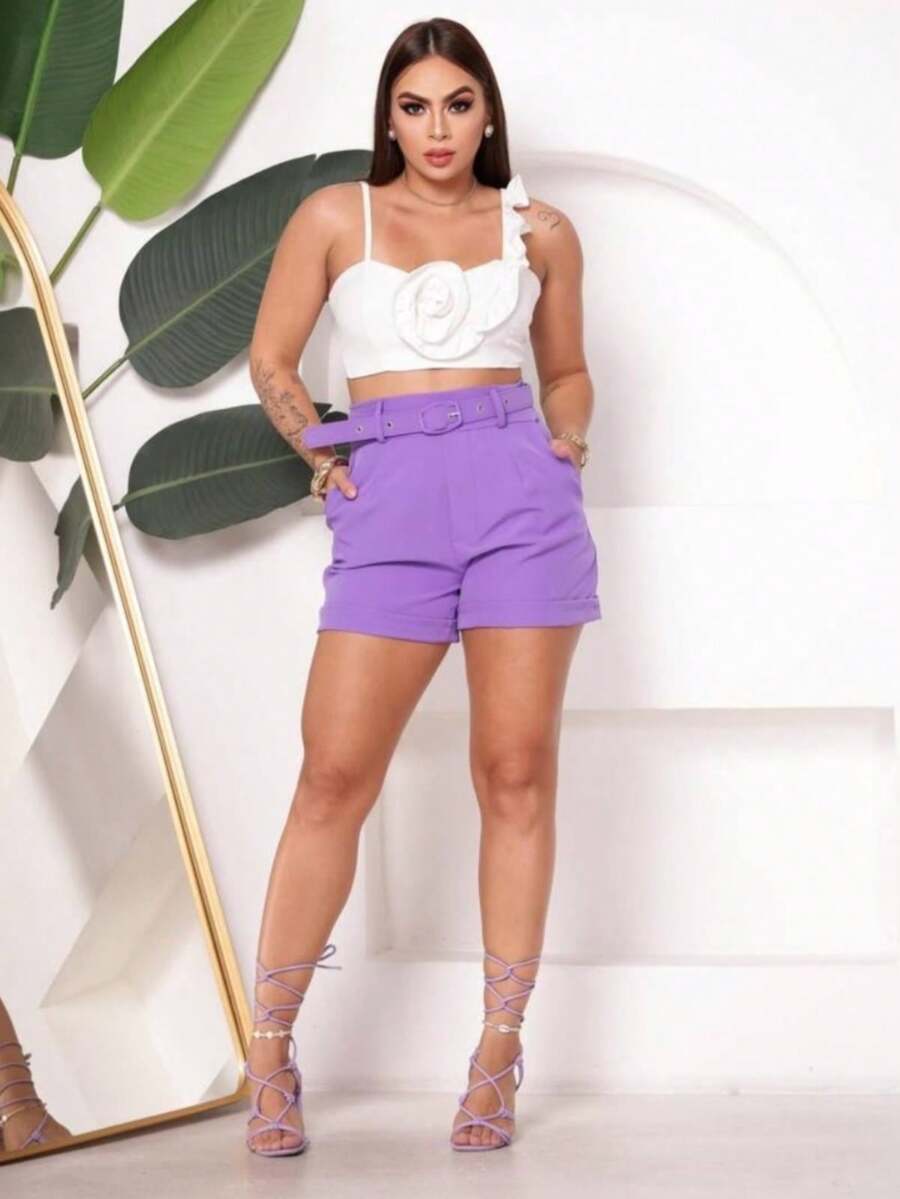 BURITI MODAS, High Waisted Shorts, Short Tailored, Plain, With Belt. - 紫丁香色 - 查看 1