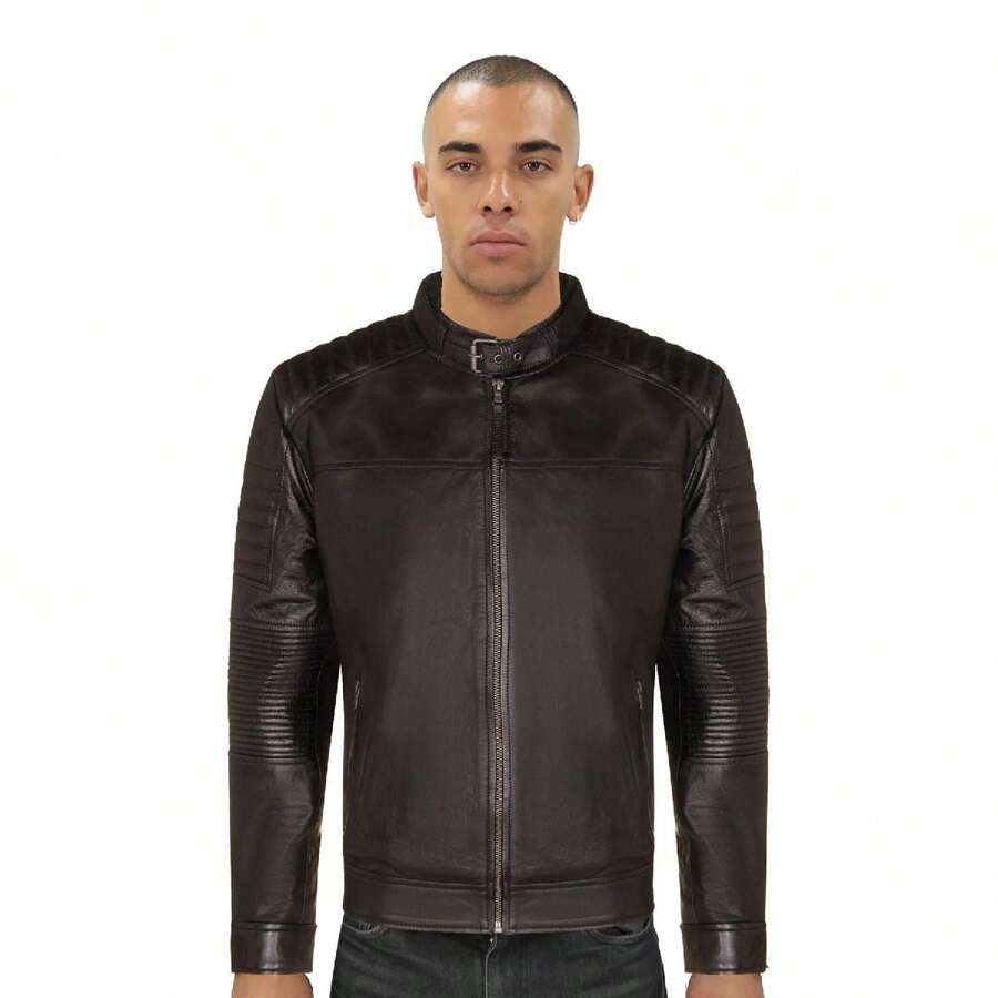 Mens Black Leather Quilted Biker Jacket - Paris - Black - View 1