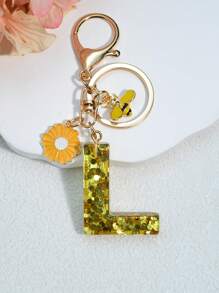 1 móc khóa chữ cái tiếng Anh bằng nhựa có trang trí hoa và ong, phụ kiện treo thời trang làm quà tặng cho bạn bè và mẹ, phong cách Châu Âu và Mỹ - vàng - Xem 11