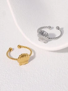 1 件欧美风格贝壳形不锈钢戒指，适合女士夏季休闲和派对穿着 - 開口戒 - 查看 7