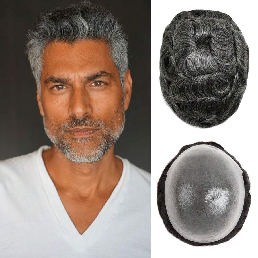 EHairc Toupee Hair For Men 0.1mm Poly Skin Human Hair Men's Toupee Durable PU Toupee Hair System For Men Base Size 8x10 Inch 130% Density Mens Wig Hairpieces - 1B50#關黑&50%白 - 查看 1