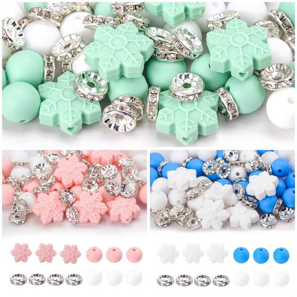 65 قطعة مجموعة من حبات سيليكون بتصميم ثلج الشتاء، تشمل 30 حبة سيليكون دائرية 12 مم وحبات السيليكون المركزية بتصميم ثلج الشتاء 5 قطع و30 حبة سيليكون 10 مم بتصميم الراين دياموند ، للاستخدام في إكسسوارات صنع المجوهرات DIY ، الأساور، أقلام الخرز، سلاسل المفاتيح وكهدايا رومانسية لعيد الحب في الشتاء