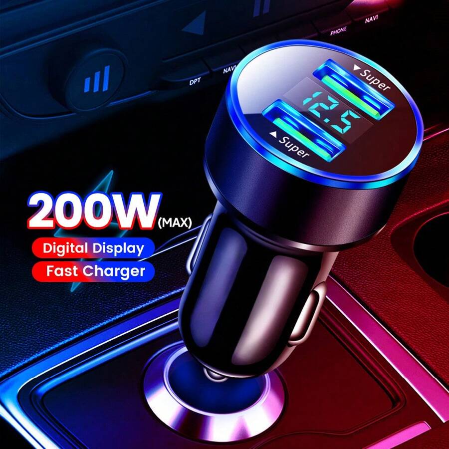 200W 双 USB 车载充电器，快速充电，带数字显示屏，适用于 的车载手机充电器适配器。 - 黑色 - 查看 1