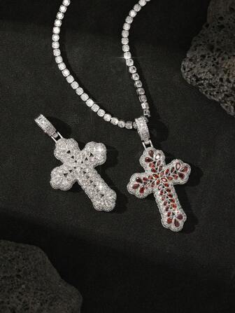 1pc Men's Hip Hop Iced Out Personalized Platinum Plated Religious Faith Cross Ruby 5A High Quality Zirconia Rapper Jewelry 4mm 20 Inch Tennis Chain Festival Gift Box For Lovers
