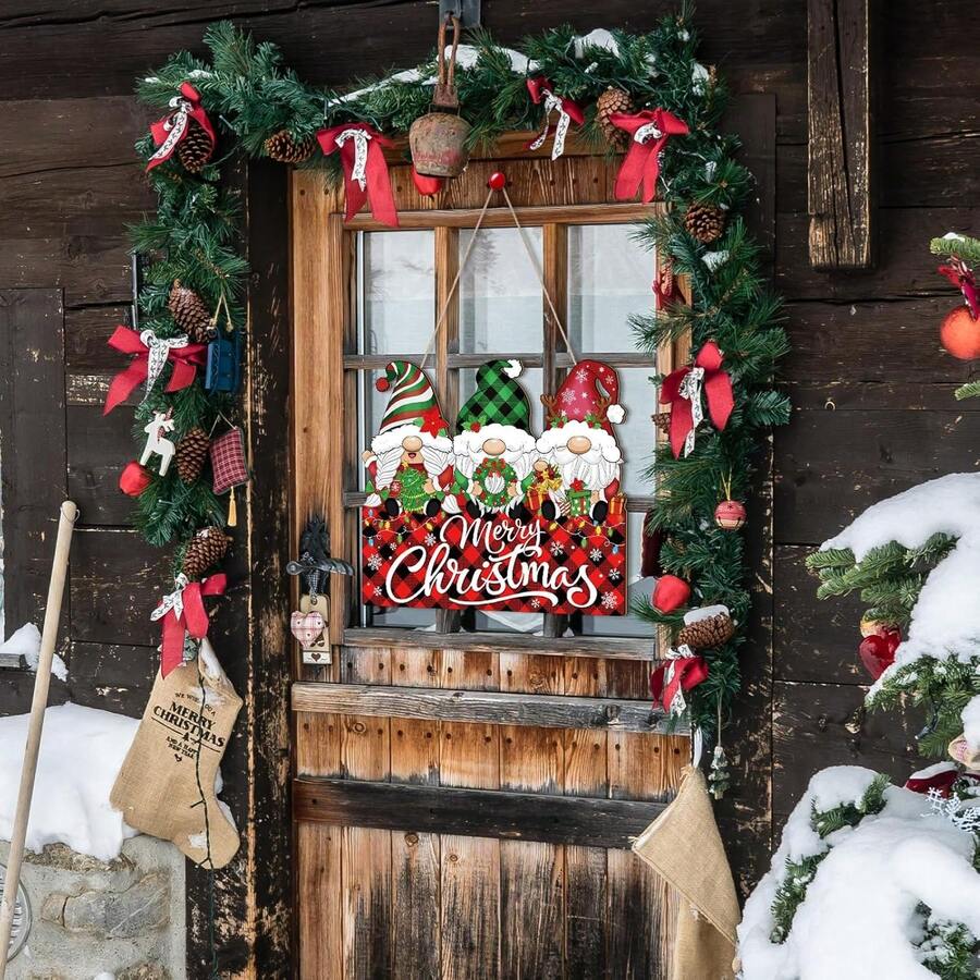 圣诞节圣诞快乐欢迎标志，乡村小矮人木质挂饰，圣诞节假期门廊庭院室内室外墙壁装饰 - 彩色 - 查看 1