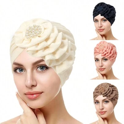 1件纯色花朵串珠头巾帽女士包头巾时尚头饰头巾睡帽
