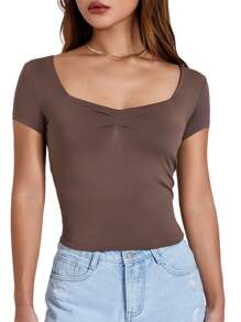 Women T-Shirt, Low-Cut Short Sleeve Pleated Solid Slim Fit Summer Tops For Casual Daily - 棕色 - 查看 2