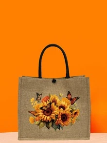 Floral Print, Lightweight Linen Bag, Portable Beach & Travel Tote, Coarse Linen Shopping Bag, Beach Travel Bag, Gift Bag For Friends, Birthday Gift - Khaki - View 3