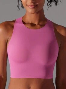 Women's High Neck Sports Brawith Racerback Design And Seamless Fit - 藕粉色 - 查看 1
