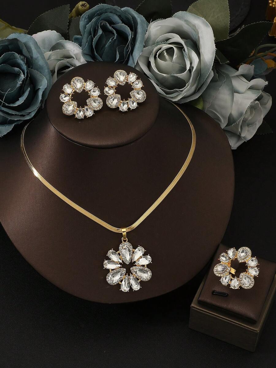 4 件套全锆石花朵吊坠项链，时尚潮流高品质闪亮不褪色珠宝套装，项链 + 耳环 + 戒指女士珠宝，婚宴节日礼物 - 彩色 - 查看 1