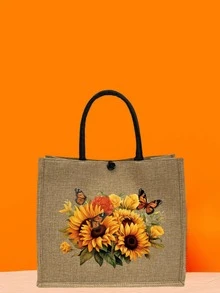 Floral Print, Lightweight Linen Bag, Portable Beach & Travel Tote, Coarse Linen Shopping Bag, Beach Travel Bag, Gift Bag For Friends, Birthday Gift - Khaki - View 11