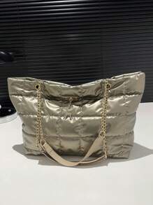 Túi đeo vai xích kẻ caro màu trơn thanh lịch thời trang dành cho nữ, sức chứa lớn, khóa kéo, túi xách đeo chéo - Vàng - Xem 2