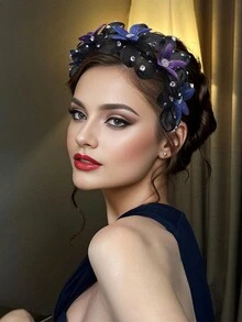 黑色网状花卉女士头带发箍，水晶装饰，适合婚礼、舞会、派对、摄影 - 黑色 - 查看 8