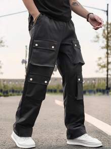 Men's Solid Color Fashion Multi-Pocket Casual Cargo Pants - Black - View 2