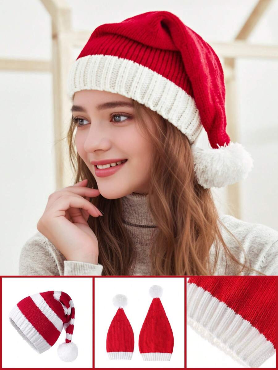 Wool Knitted Christmas Hat, Red And White Striped Christmas Hat, Autumn And Winter Knitted Warm Hat, Christmas Knitted Hat, Cold Warm, Holiday Dress Best Gifts Birthday Home Decor Christmas Decorations Room Decor