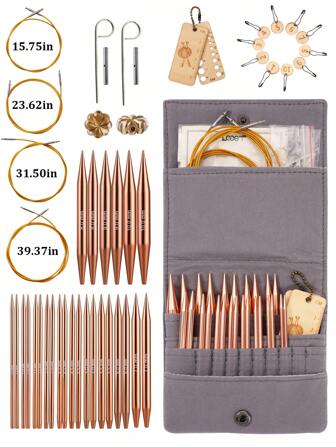 1 uppsättning utbytbara rundstickor med förvaringslåda - 12 par färgade/13 par gyllene valfritt, anodiserad aluminium, storlekar 3-10 mm, inkluderar tillbehör och stygnmarkörer - perfekt present till nybörjare, tillbehörsfärger slumpmässigt